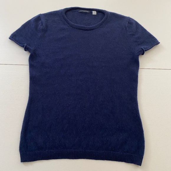 TAHARI 100% Cashmere Dark Blue Short Cap Sleeve Sweater Top Size M - Picture 3 of 9
